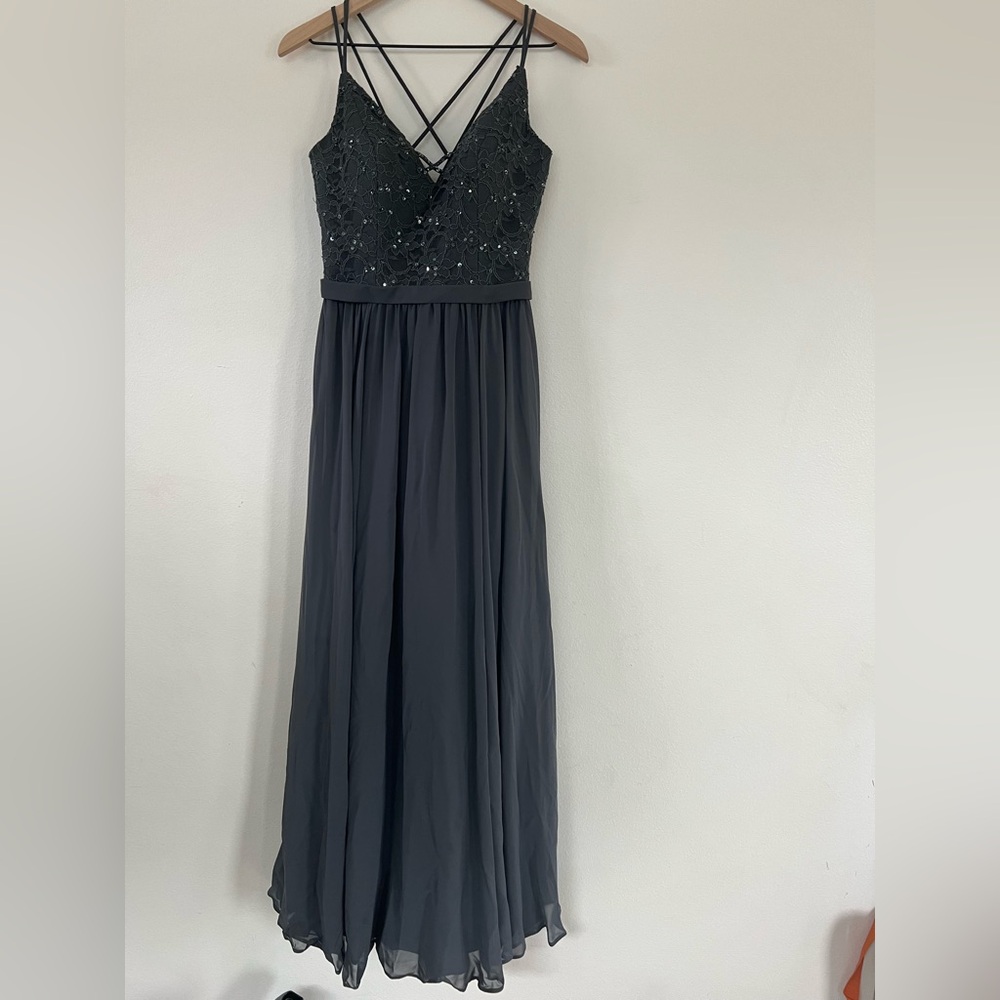 Mori Lee Dark Grey Beaded Lace Bodice Maxi Formal/Prom/Bridesmaid Dress